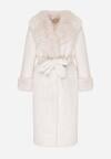 Biały Futerkowy Płaszcz z Szerokim Kołnierzem i Mankietami z Wiązanym Paskiem Viaruna