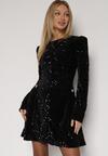 Czarna Cekinowa Sukienka Koktajlowa z Geometrycznymi Ramionami Reffera