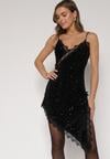 Czarna Sukienka o Asymetrycznym Kroju z Cekinami i Koronką Eldafera