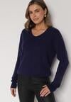 Granatowy Sweter z Wiskozą i Wełną z Dekoltem w Serek Claida