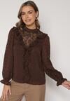 Brązowa Bluzka Zdobiona Koronką Falbankami i Metaliczną Nicią Feralea