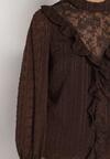 Brązowa Bluzka Zdobiona Koronką Falbankami i Metaliczną Nicią Feralea
