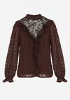 Brązowa Bluzka Zdobiona Koronką Falbankami i Metaliczną Nicią Feralea