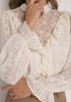 Beżowa Bluzka Zdobiona Koronką Falbankami i Metaliczną Nicią Feralea