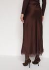 Brązowa Satynowa Spódnica z Koronkowym Zdobieniem Silfera