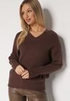 Brązowy Sweter z Domieszką Kaszmiru z Dekoltem w Serek Feralaine
