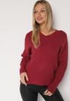 Bordowy Sweter z Domieszką Kaszmiru z Dekoltem w Serek Feralaine