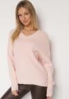Jasnoróżowy Sweter z Domieszką Kaszmiru z Dekoltem w Serek Feralaine