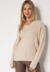 Beżowy Sweter z Domieszką Kaszmiru z Dekoltem w Serek Feralaine