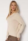 Beżowy Sweter z Domieszką Kaszmiru z Dekoltem w Serek Feralaine