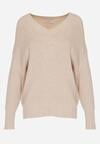 Beżowy Sweter z Domieszką Kaszmiru z Dekoltem w Serek Feralaine