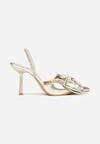 Złote Sandały na Szpilce Typu Slingback z Kokardą Liorafera