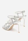 Srebrne Cyrkoniowe Sandały na Szpilce z Przeplatanymi Paseczkami Mirafera