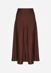 Brązowa Rozkloszowana Midi Spódnica Satynowa Zapinana na Suwak z Gumką w Pasie Williwarne