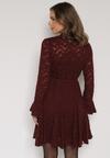 Bordowa Koronkowa Sukienka z Wiązaniem Półgolfem i Falbankami Alnefera