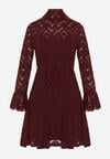 Bordowa Koronkowa Sukienka z Wiązaniem Półgolfem i Falbankami Alnefera