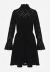 Czarna Koronkowa Sukienka z Wiązaniem Półgolfem i Falbankami Alnefera