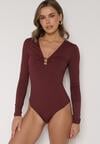 Bordowe Body Ozdobione Aplikacją i Marszczeniem przy Dekolcie Ferenice