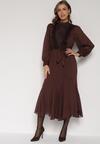 Brązowa Elegancka Sukienka z Bufiastymi Rękawami i Koronkowymi Falbankami Sewlina