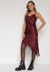 Bordowa Asymetryczna Sukienka z Satyny Ozdobiona Koronką Monivea
