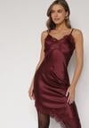 Bordowa Asymetryczna Sukienka z Satyny Ozdobiona Koronką Monivea