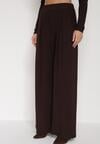 Brązowy Elegancki Komplet Szerokie Spodnie i Bluzka z Usztywnianymi Ramionami Sewesta
