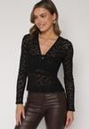 Czarna Koronkowa Bluzka z Długim Rękawem i Dekoltem w Serek Senafera