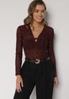 Bordowa Koronkowa Bluzka z Długim Rękawem i Dekoltem w Serek Senafera