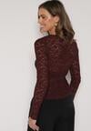 Bordowa Koronkowa Bluzka z Długim Rękawem i Dekoltem w Serek Senafera