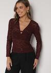 Bordowa Koronkowa Bluzka z Długim Rękawem i Dekoltem w Serek Senafera