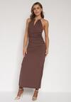Brązowa Sukienka Koktajlowa z Dekoltem Halter i Odkrytymi Plecami Sewrina
