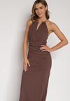 Brązowa Sukienka Koktajlowa z Dekoltem Halter i Odkrytymi Plecami Sewrina