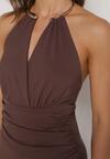 Brązowa Sukienka Koktajlowa z Dekoltem Halter i Odkrytymi Plecami Sewrina
