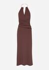 Brązowa Sukienka Koktajlowa z Dekoltem Halter i Odkrytymi Plecami Sewrina