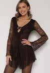 Brązowa Koronkowa Sukienka Wieczorowa z Wiązaniem przy Dekolcie Ferolena