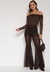 Brązowe Koronkowe Spodnie Dzwony z Wysokim Stanem Solifera