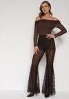 Brązowe Koronkowe Spodnie Dzwony z Wysokim Stanem Solifera
