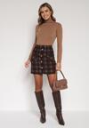 Brązowa Spódnica z Wiskozą Zdobiona Guzikami i Metaliczną Nicią Sewsela