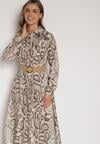 Beżowa Sukienka Koszulowa z Wiskozą Zdobiona Paskiem i Wzorem w Węża Delane