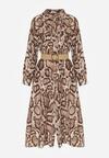 Brązowa Sukienka Koszulowa z Wiskozą Zdobiona Paskiem i Wzorem w Węża Delane