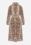 Brązowa Sukienka Koszulowa z Wiskozą Zdobiona Paskiem i Wzorem w Węża Delane