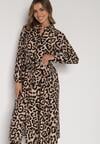 Panterkowa Koszulowa Sukienka z Wiskozą w Panterkę z Wiązanym Paskiem Assava