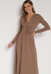 Brązowa Marszczona Sukienka Taliowana z Wiskozą z Dekoltem V i Długim Rękawem Emirie