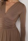 Brązowa Marszczona Sukienka Taliowana z Wiskozą z Dekoltem V i Długim Rękawem Emirie