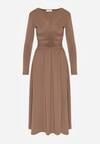 Brązowa Marszczona Sukienka Taliowana z Wiskozą z Dekoltem V i Długim Rękawem Emirie