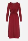 Bordowa Marszczona Sukienka Taliowana z Wiskozą z Dekoltem V i Długim Rękawem Emirie