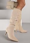 Beżowe Kozaki z Imitacji Zamszu na Szpilce z Marszczoną Cholewką Rilareia
