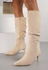 Beżowe Kozaki z Imitacji Zamszu na Szpilce z Marszczoną Cholewką Rilareia