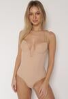 Beżowe Bieliźniane Body Modelujące z Wyciętym Dekoltem Theloria