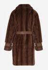 Brązowy Futrzany Płaszcz z Wiązanym Paskiem i Ozdobnymi Sprzączkami Felryna